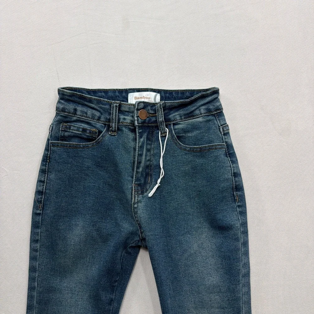 Bamboo Jeans Flare Pants Gothic Cross Appliqué Blue Denim Womens Size 00